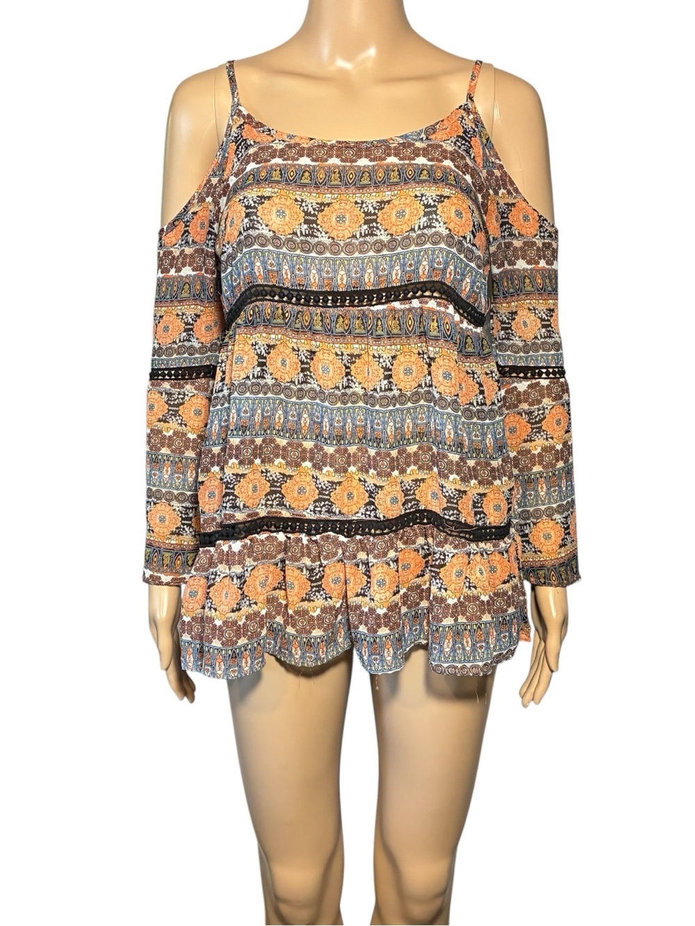 Paper Crane Women's Blouse XS Cold Shoulder Sheer 100% Cotton Boho Floral Top